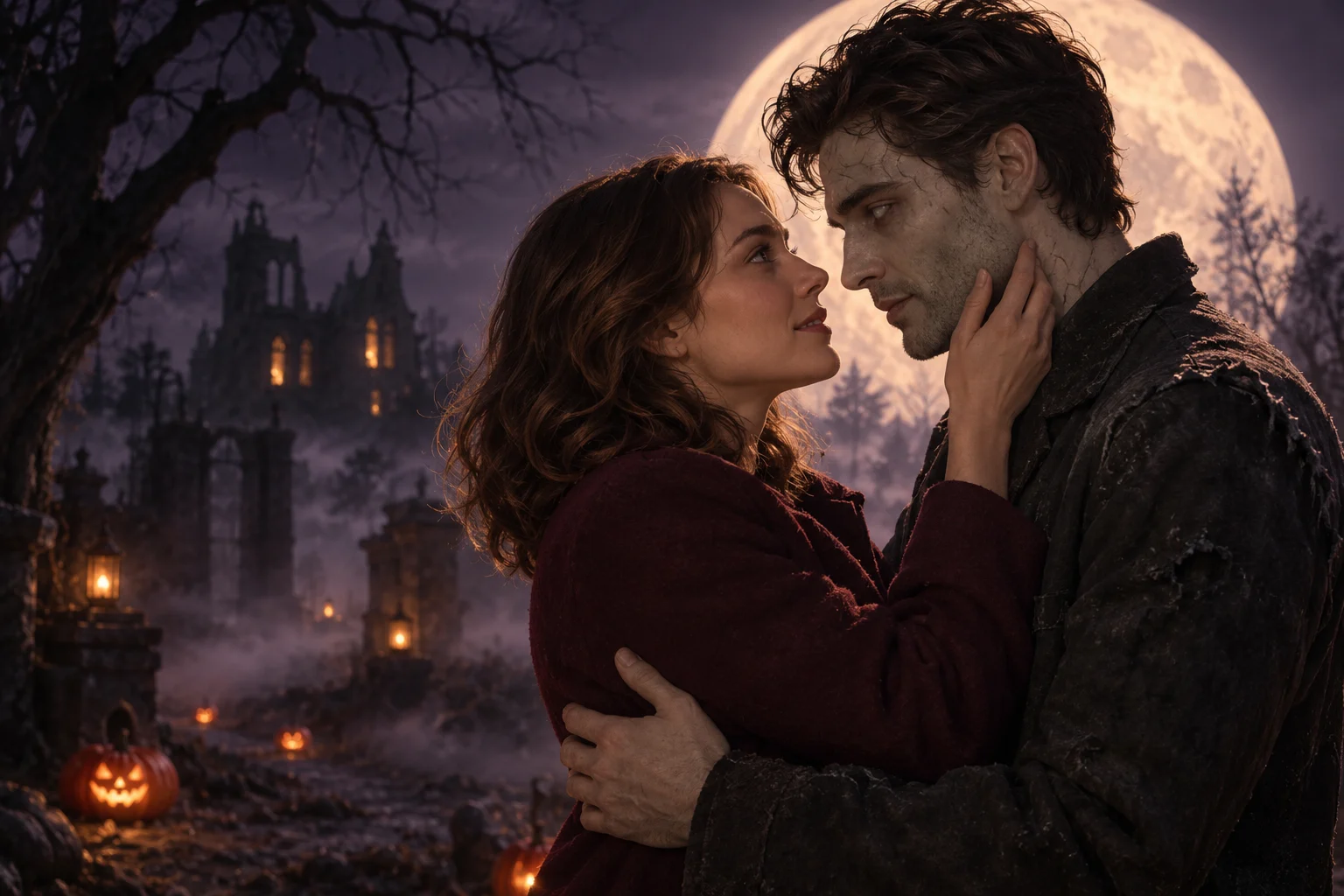 Original Halloween concept art: a woman recognizes her zombie partner beneath a full moon